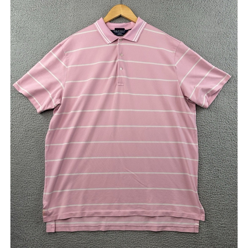 VTG Ralph Lauren Polo Golf Performance Polo Shirt Mens 2XL Pink White Striped